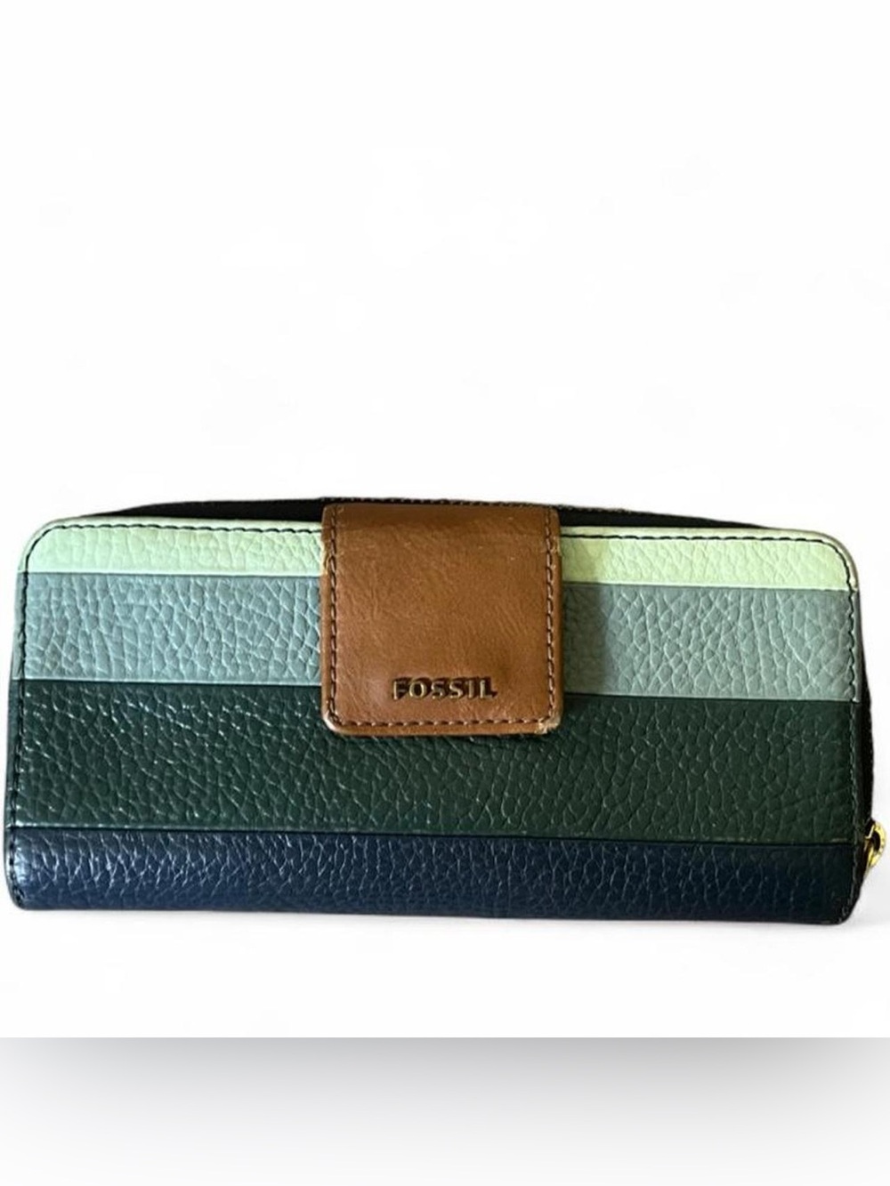 FOSSIL • Y2K Teal Green Colorblock Stripe Leather Long Zip Wallet